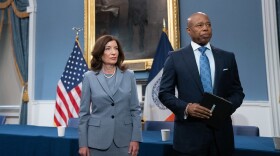 Gov. Kathy Hochul and New York City Mayor Eric Adams get ready to announce a targeted anti-gun violence program on July 31, 2023.