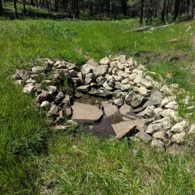 A small wetland surrounded by stones in a green forest. 