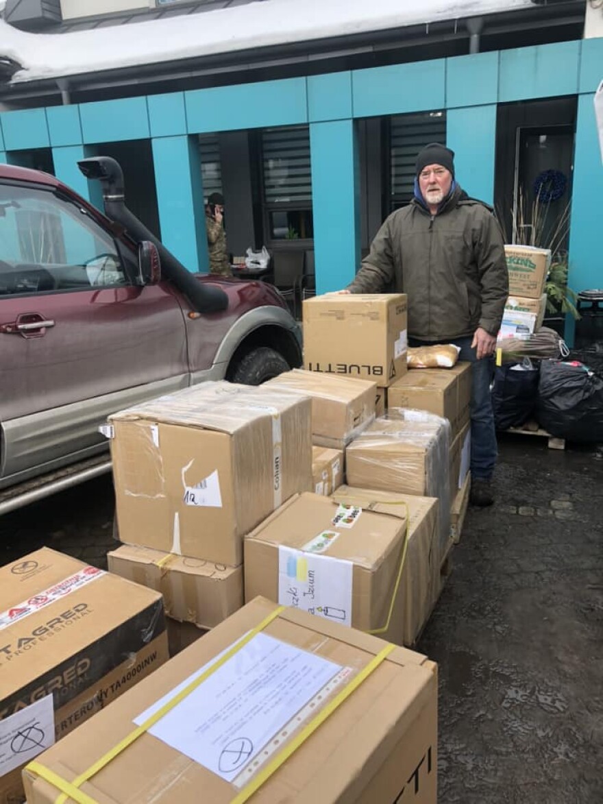 One Box for Ukraine founder Boyd Byelich from Rogers City, with shipment to Ukraine.