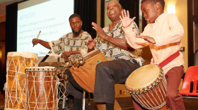 Drummers from the Sunshine Cultural Arts Center perform at the Diversity Awareness Partnership's annual fundraising dinner, held November 9, 2016, the day after the 2016 election.