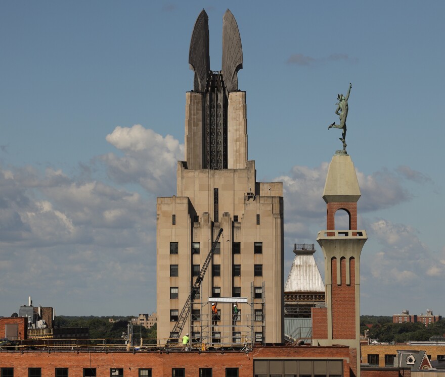Downtown Rochester skyline with work being done on the Aqueduct Building for the new Constellation Brands headquarters.