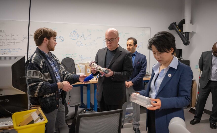 Rep. Jim McGovern (center) on a visit to Worcester Polytechnic Institute.