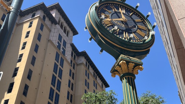 The top of the Hertzberg Clock, which now sits at the corner of N. St Mary's and Houston St. in front of the I.B.C. building in downtown San Antonio.