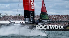 ROCKWOOL Denmark SailGP Team helmed by Nicolai Sehested in action in front of the grandstand on Race Day 2 of The Rolex SailGP 2025 Championship ITM New Zealand Sail Grand Prix in Auckland, New Zealand. Sunday 19 January 2025. Photo: Ricardo Pinto for SailGP. Handout image supplied by SailGP
