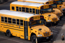 School buses are parked at Bend-La Pine Schools Transportation facility.