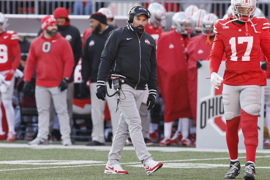Ohio State head coach Ryan Day, center, looks on during the second half of an NCAA college football game against Michigan, Saturday, Nov. 30, 2024, in Columbus, Ohio.