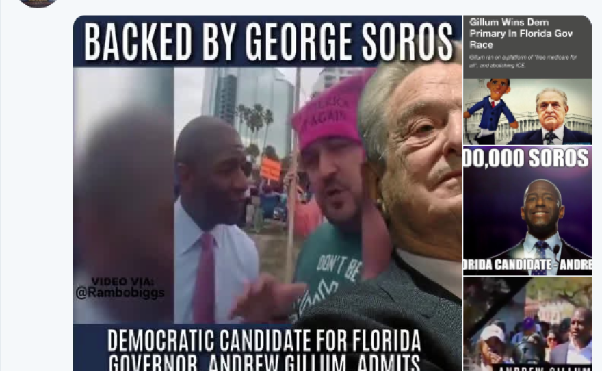 A tweet dated Oct. 24 in which Sayoc apparently attacks Democratic politician Andrew Gillum, linking him to billionaire George Soros.