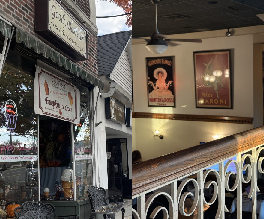 On the left: Goody Bassett's Ice Cream Shop; on the right: the Twisted Vine Restaurant.