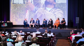 Gulf States Newsroom senior reporter Drew Hawkins hosts a panel at the Katrina: The Next 20 Years event at the Prytania Theatre in New Orleans on Aug. 20, 2026.