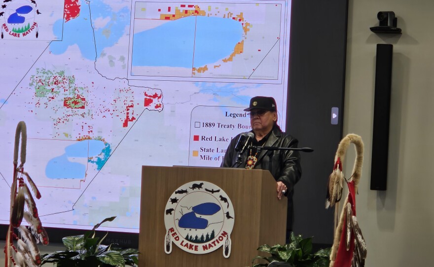 Chairman Darrell Seki Sr. addresses the audience during the Red Lake State of the Band on Friday, Feb. 23, 2024.
