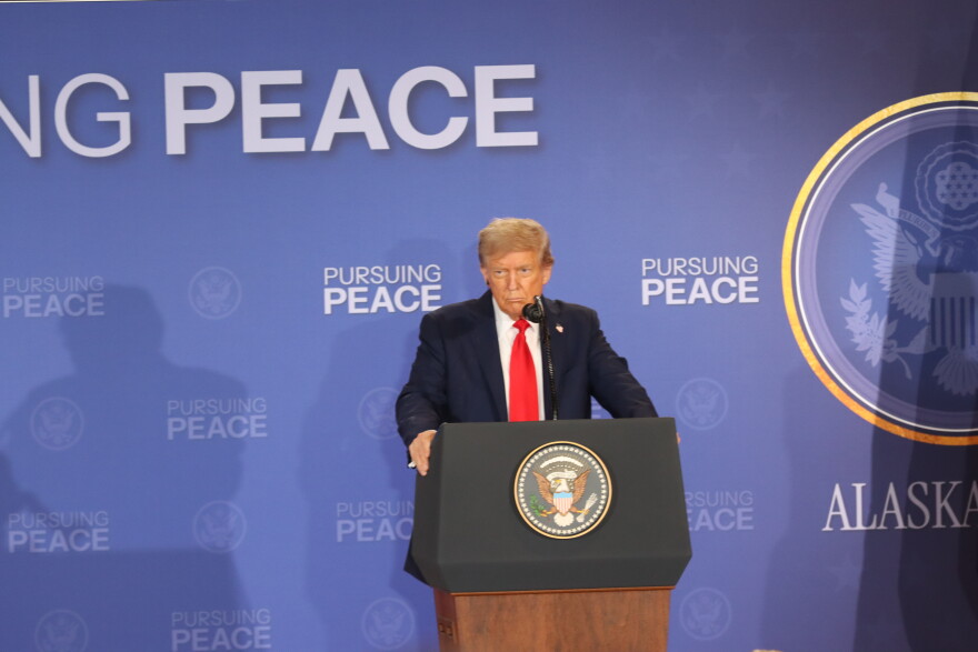 President Donald Trump during a press conference on Aug. 15, 2025, at Joint Base Elmendorf-Richardson.