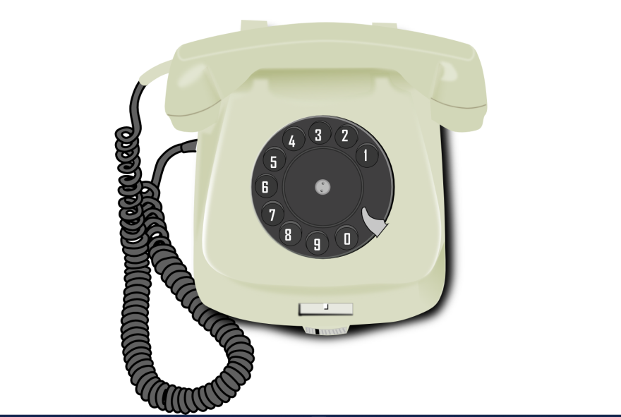 A drawing of a white rotary phone with a black phone cord.