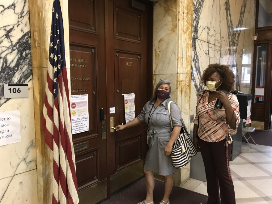 New Monroe County Democratic Board of Elections Commissioner Jackie Ortiz (Left) and Natalie Sheppard (Right) at the County Office Building Friday.