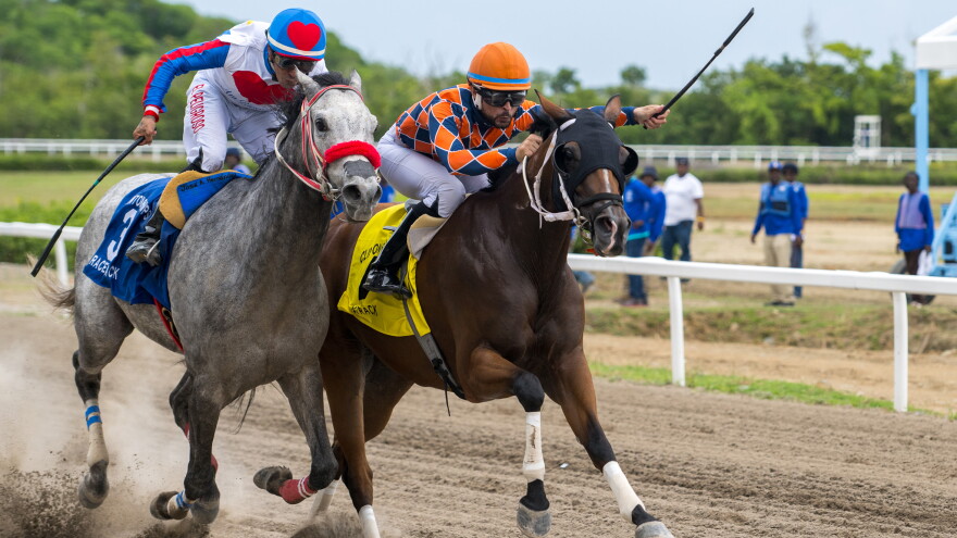 Pictured: Jockeys race toward the finish during a previous horse racing event at the Clinton Phipps racetrack. Southland Gaming now says it will not promote the September 6 Labor Day races after lawmakers sent a proposed horse racing and gaming agreement to the Senate Finance Committee for further review.