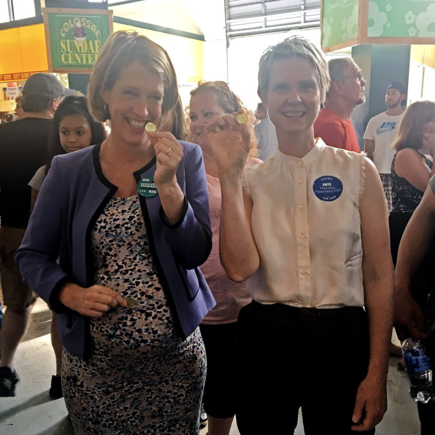 Cynthia Nixon (right) with attorney general candidate Zephyr Teachout at the New York State Fair. CYNTHIA NIXON TWITTER PAGE