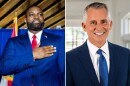 Side-by-side photos of Florida gubernatorial candidates Byron Donalds and David Jolly. Left: Black man with a blue suit with his hand over his heart. Right: Man with graying hair, blue suit, smiling into the camera