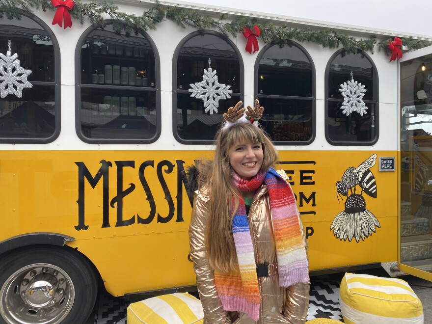 Rachel Messner of Messner Bee Farm was decked out in holiday apparel Saturday.