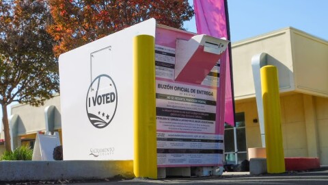 A drive-through ballot drop box in the Elections Office parking lot at 7000 65th Street, Sacramento, Thursday, Oct. 23, 2025.