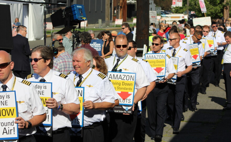 Pilots for Amazon Prime Air carriers protest outside an annual Amazon meeting in Seattle