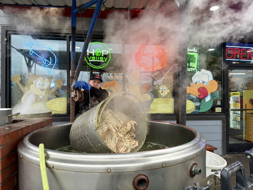 Man dumps fresh crabs into tank.