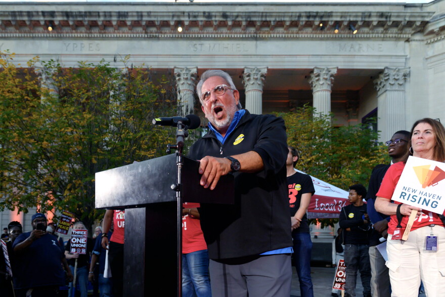 Union Bargaining Chief Bob Proto calls on Yale President Maurie McInnis to settle a fair contract at the union rally on Bienecke Plaza October 15, 2026 in New Haven, Connecticut.