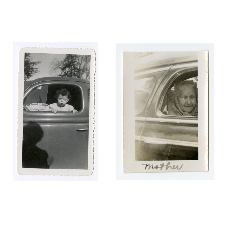 Toddler girl in a car window (left). Last photograph of mother, 1946.