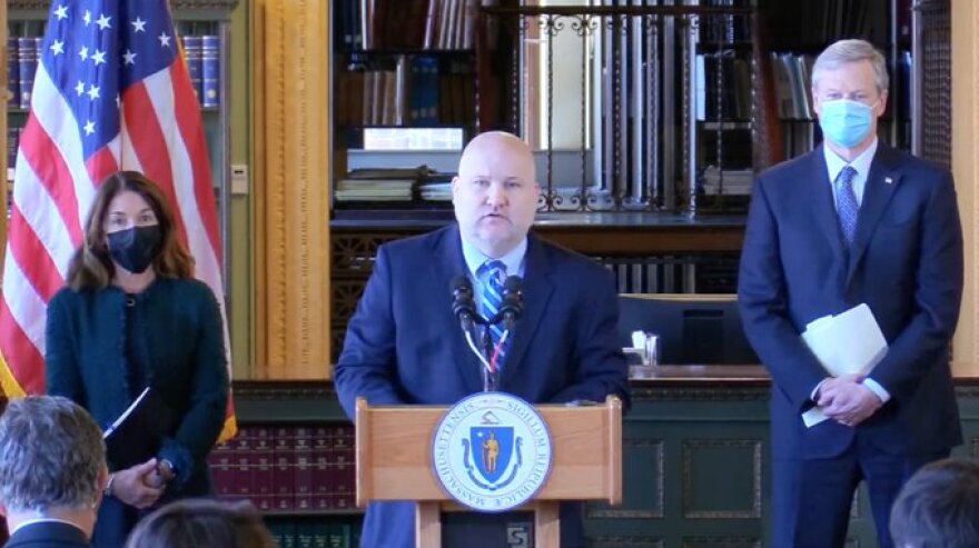 Jeffrey Riley, Commissioner of the Department of Elementary and Secondary Education, at a news conference with Gov. Charlie Baker (R-MA) and Lt Gov. Karyn Polito (R-MA) on Feb. 9, 2022 to announce the lifting of a statewide school mask mandate effective Feb. 28, 2022.