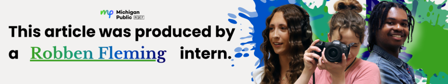 On an off-white background are the words "This article was produced by a Robben Fleming intern" to the left. Above the words is the Michigan Public logo. On the left are the photos of three interns, one with headphones, another with a camera pointed to the viewer and another with their arms crossed, in front of the blue, green, and purple paint splash background.