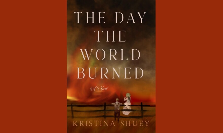 Cover for "The Day the World Burned" by Kristina Shuey; painting of two people look toward a fire and smoke-filled horizon from a fence