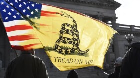 A man holds a flag and listens to a speaker during a rally at South Carolina's Statehouse on Sunday, Jan. 17, 2021, in Columbia, S.C.