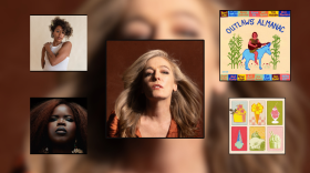 Five boxes of photos and album art over a blurred background.