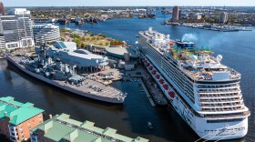 A cruise ship docked at Norfolk’s Half Moone Cruise Center in 2022. (Photo by Kyle J. Little via Shutterstock)