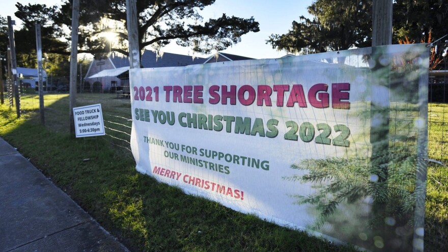 A sign outside Mandarin United Methodist Church tells passing motorists that its traditional fundraising Christmas tree sales are not happening this year because of a supply shortage.