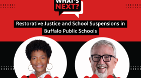 Red background with a thick black stripe in the middle. In the top corner is "EPISODE 332" in white text. then, centered from top to bottom, is: What's Next? logo, "Restorative Justice and School Suspensions in Buffalo Public Schools", then photos of Dina Thompson and Andy Prinzing with their names underneath.