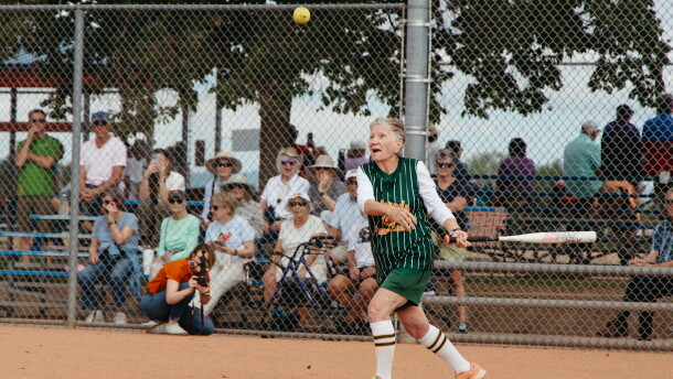 Barbara Jane Johnson, the oldest player on the Colorado Peaches at 92, hits a foul ball. Photo: Adrian O'Farrill, Rocky Mountain PBS.