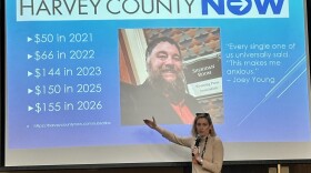 A woman stands in front of a PowerPoint screen with her hand extended, speaking into a microphone. An image of a bearded man and some info about “Harvey County Now” is displayed behind her.
