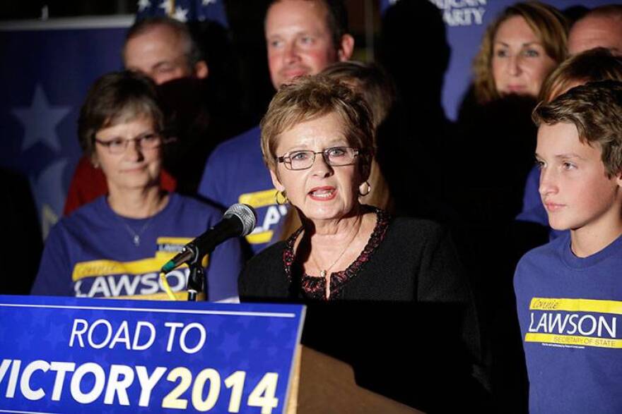 Republican Connie Lawson addresses supporters at an election viewing event, Tuesday, Nov. 4, 2014, in Indianapolis. Lawson held back Democrat Beth White to win her first four-year term as secretary of state.