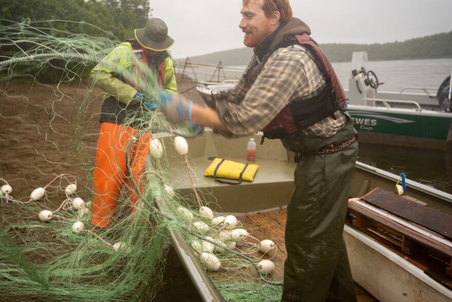 Tyler Hennigan readies the skiff for the next drift.