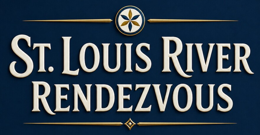 Lettering with formal border against a navy blue background; reading "St. Louis River Rendezvous"