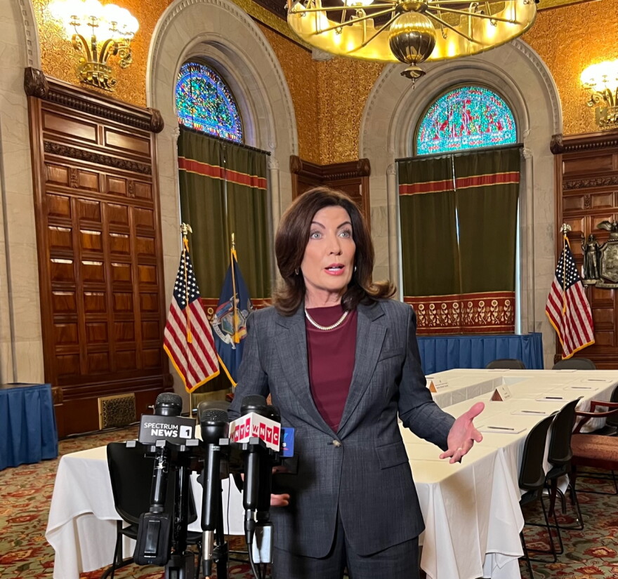 Gov. Kathy Hochul briefs the media on state budget progress on April 25, 2023.