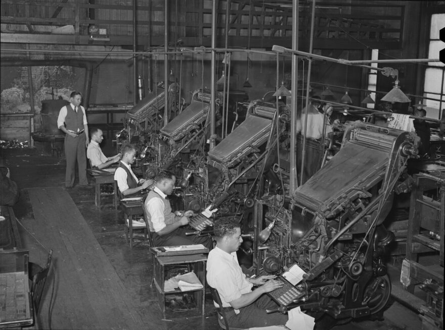 Linotype operators prepare an edition of the Chicago Defender in 1941.