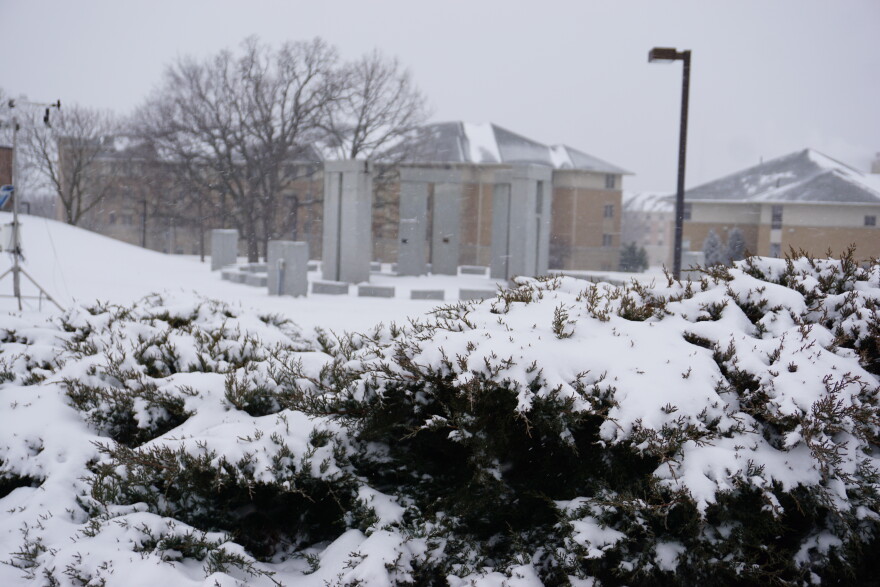 Snow falls on the Stonehenge Replica at Missouri S&T in Rolla. Snow and sub-zero temperatures led to campus closing for the day and moving all work and classes online.