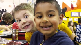 Kindergartners Coah Wilson and Gannon Meyer at lunch at their school in Bellevue.