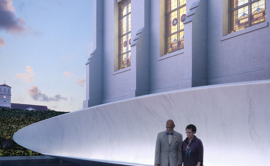 An architectural rendering shows the fountain and one of the stone benches featured in a proposed memorial for Emanuel AME Church in Charleston, S.C.
