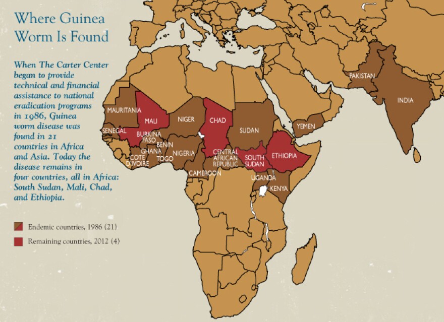 Seventeen countries have eliminated the Guinea worm parasite since 1986. Four countries remain: Mali, Chad, South Sudan and Ethiopia.