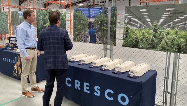 Kentucky Gov. Andy Beshear (left) speaks with Cresco Labs CEO Charlie Batchell at the ribbon-cutting ceremony of the company's new medical cannabis cultivation facility in Winchester.