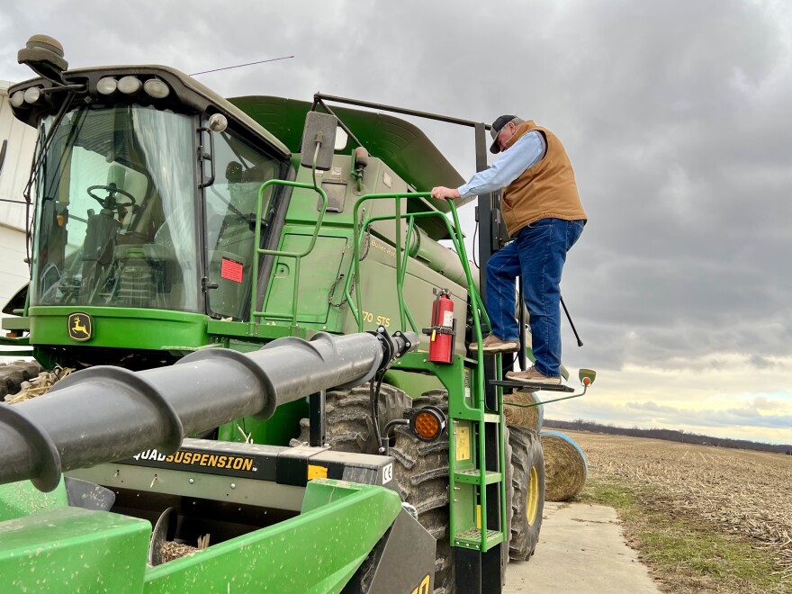 A lift brings farmer Len Vonderhaar into his combine in Preble County in southwest Ohio. It's allowed him to continue farming after a back injury.
