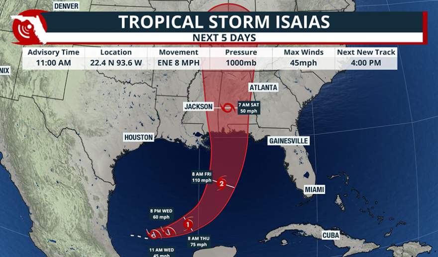 Tropical Storm Isaias forecast cone.