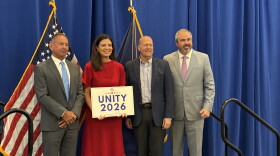 GOP candidates Anthony DiLorenzo, Gov. Kelly Ayotte, and John E. Sununu pose with RNC Chairman Joe Gruters at Unity Breakfast in Concord, Monday.