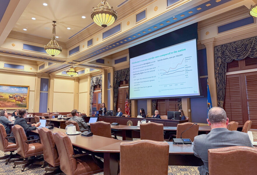 Lawmakers listen to a presentation from Healthy Minds Policy Group about vereran suicide rates at the State Capitol on Sept. 22, 2026.